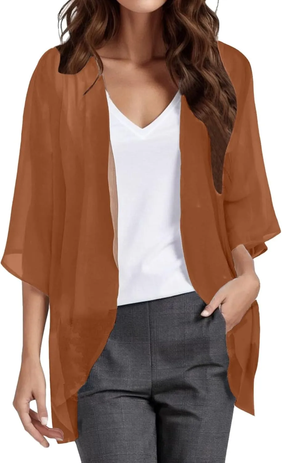 Kimono Cardigans for Women Dressy 3/4 Sleeve Chiffon Open Front Cardigan Solid Sheer Beach Vacation Cover Up Tops 2024
