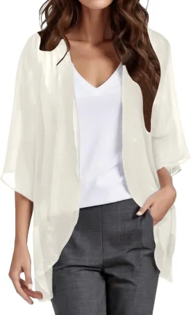 Kimono Cardigans for Women Dressy 3/4 Sleeve Chiffon Open Front Cardigan Solid Sheer Beach Vacation Cover Up Tops 2024