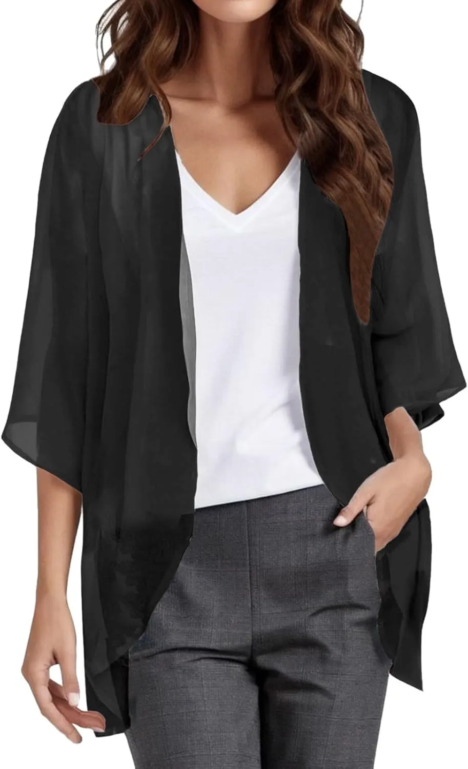 Kimono Cardigans for Women Dressy 3/4 Sleeve Chiffon Open Front Cardigan Solid Sheer Beach Vacation Cover Up Tops 2024