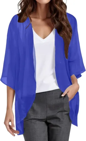 Kimono Cardigans for Women Dressy 3/4 Sleeve Chiffon Open Front Cardigan Solid Sheer Beach Vacation Cover Up Tops 2024