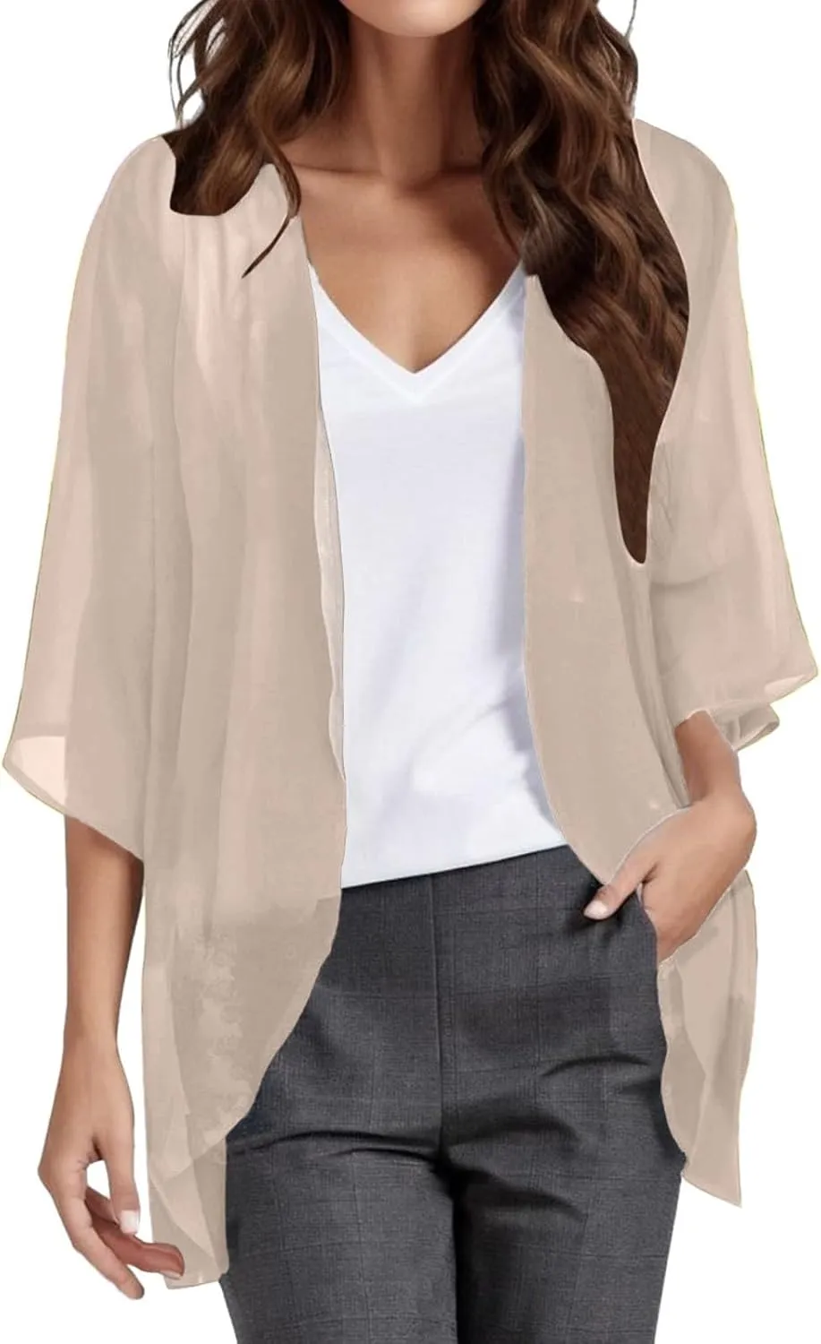 Kimono Cardigans for Women Dressy 3/4 Sleeve Chiffon Open Front Cardigan Solid Sheer Beach Vacation Cover Up Tops 2024