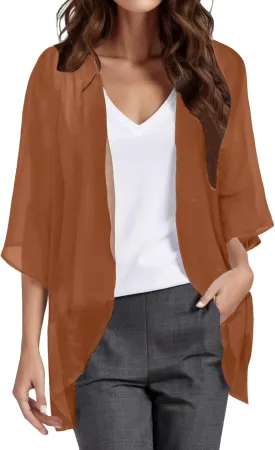 Kimono Cardigans for Women Dressy 3/4 Sleeve Chiffon Open Front Cardigan Solid Sheer Beach Vacation Cover Up Tops 2024