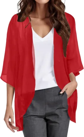 Kimono Cardigans for Women Dressy Solid 3/4 Sleeve Chiffon Open Front Lightweight Summer Cardigan Sheer Beach Cover Up