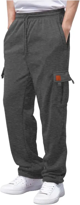 Men's Heavyweight Cargo Fleece Sweatpants Athletic Running Fashion Trousers Drawstring Loose Fit Joggers with Pockets