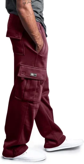 Men's Heavyweight Cargo Fleece Sweatpants Athletic Running Fashion Trousers Drawstring Loose Fit Joggers with Pockets