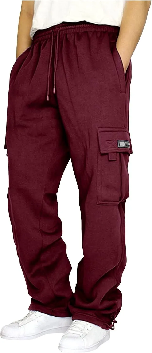 Men's Heavyweight Cargo Fleece Sweatpants Athletic Running Fashion Trousers Drawstring Loose Fit Joggers with Pockets