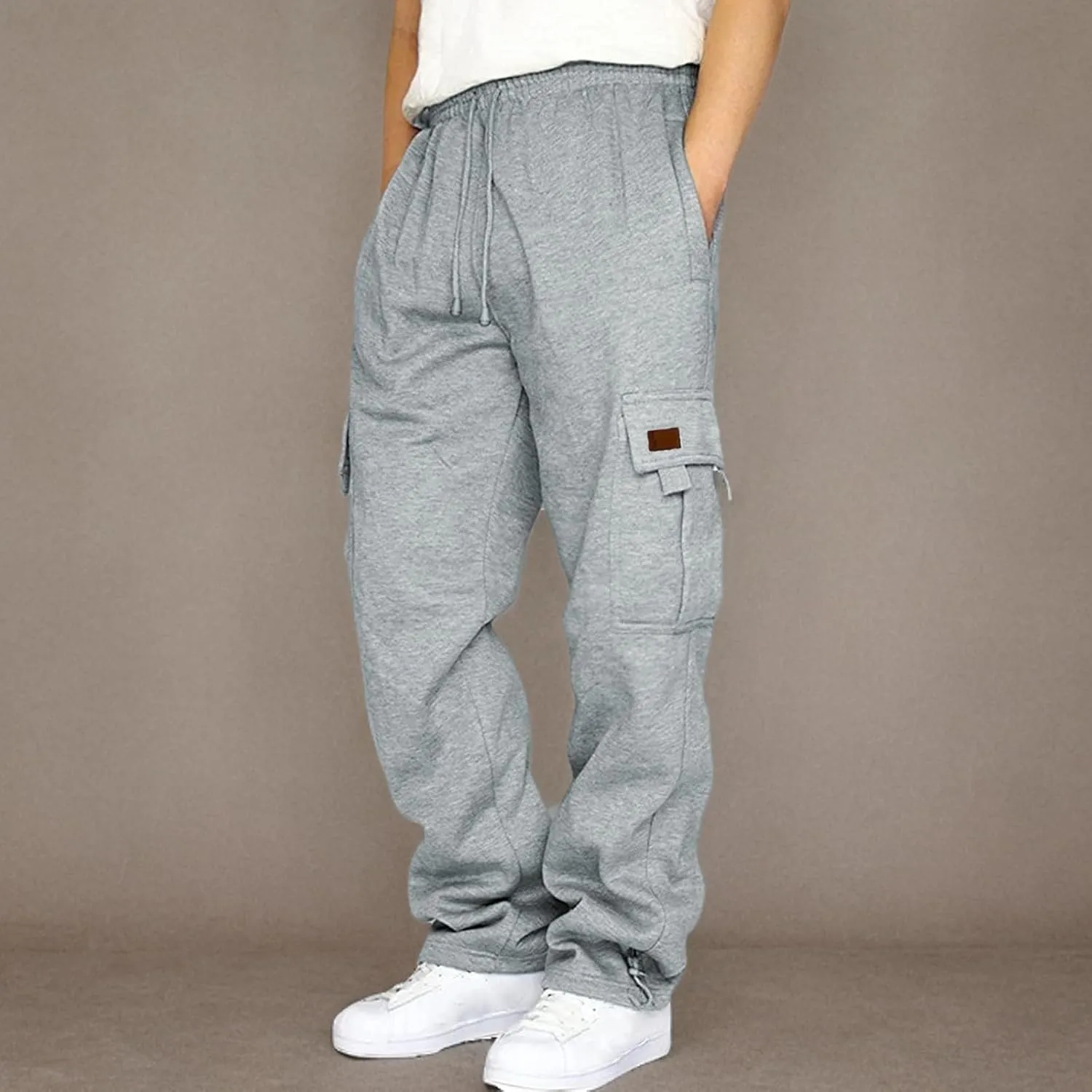 Men's Heavyweight Cargo Fleece Sweatpants Athletic Running Fashion Trousers Drawstring Loose Fit Joggers with Pockets