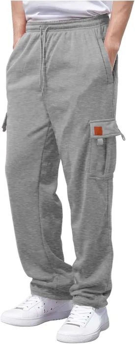 Men's Heavyweight Cargo Fleece Sweatpants Athletic Running Fashion Trousers Drawstring Loose Fit Joggers with Pockets