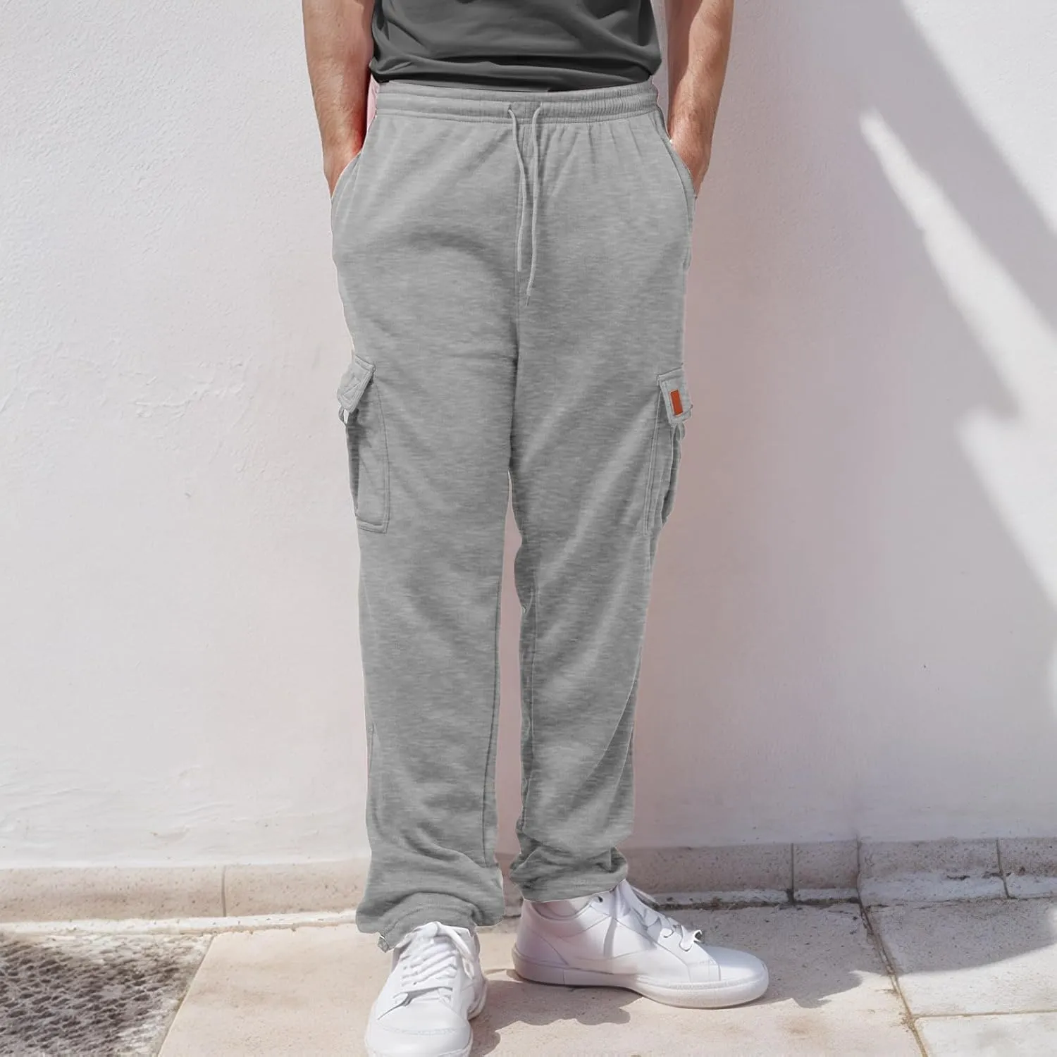 Men's Heavyweight Cargo Fleece Sweatpants Athletic Running Fashion Trousers Drawstring Loose Fit Joggers with Pockets