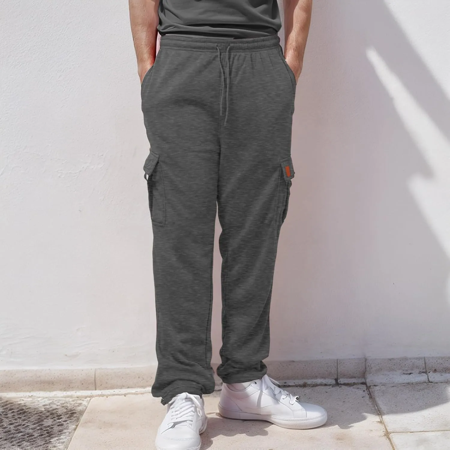 Men's Heavyweight Cargo Fleece Sweatpants Athletic Running Fashion Trousers Drawstring Loose Fit Joggers with Pockets