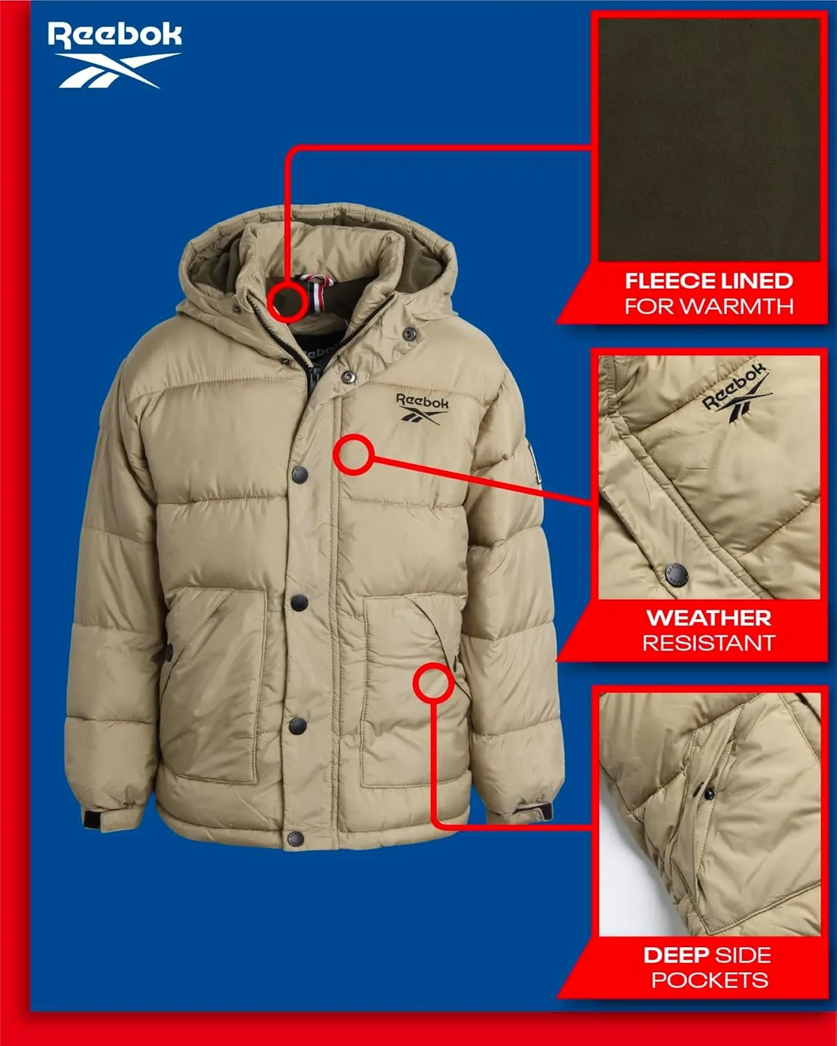 Reebok Boys Winter Coat - Heavyweight Quilted Puffer Snow Parka - Weather Resistant Ski Jacket for Boys (8-20)