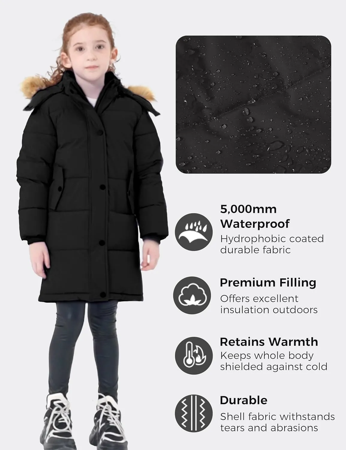 wantdo Girl's Winter Coat Long Puffer Jacket Fleece Parka with Hood Waterproof