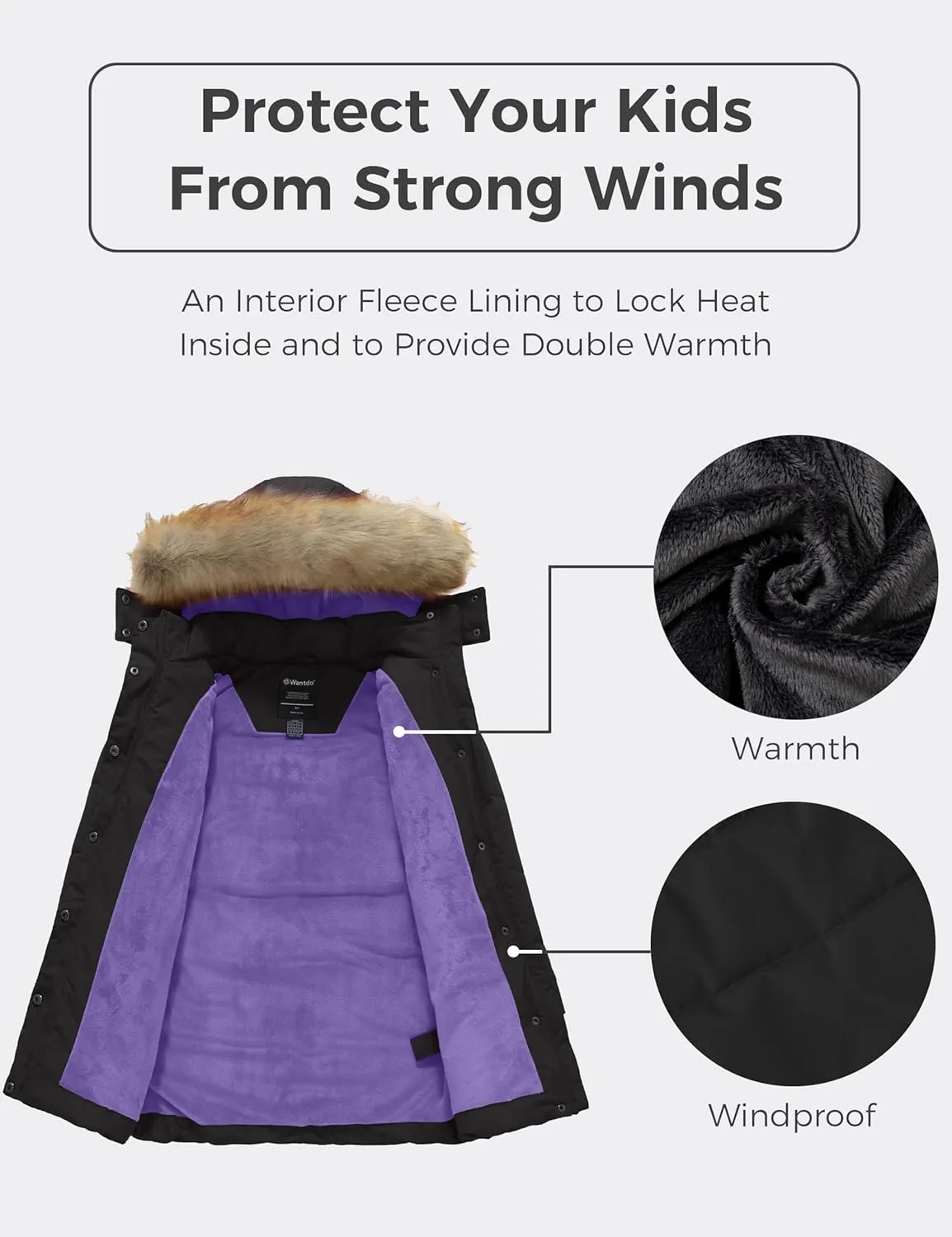 wantdo Girl's Winter Coat Long Puffer Jacket Fleece Parka with Hood Waterproof