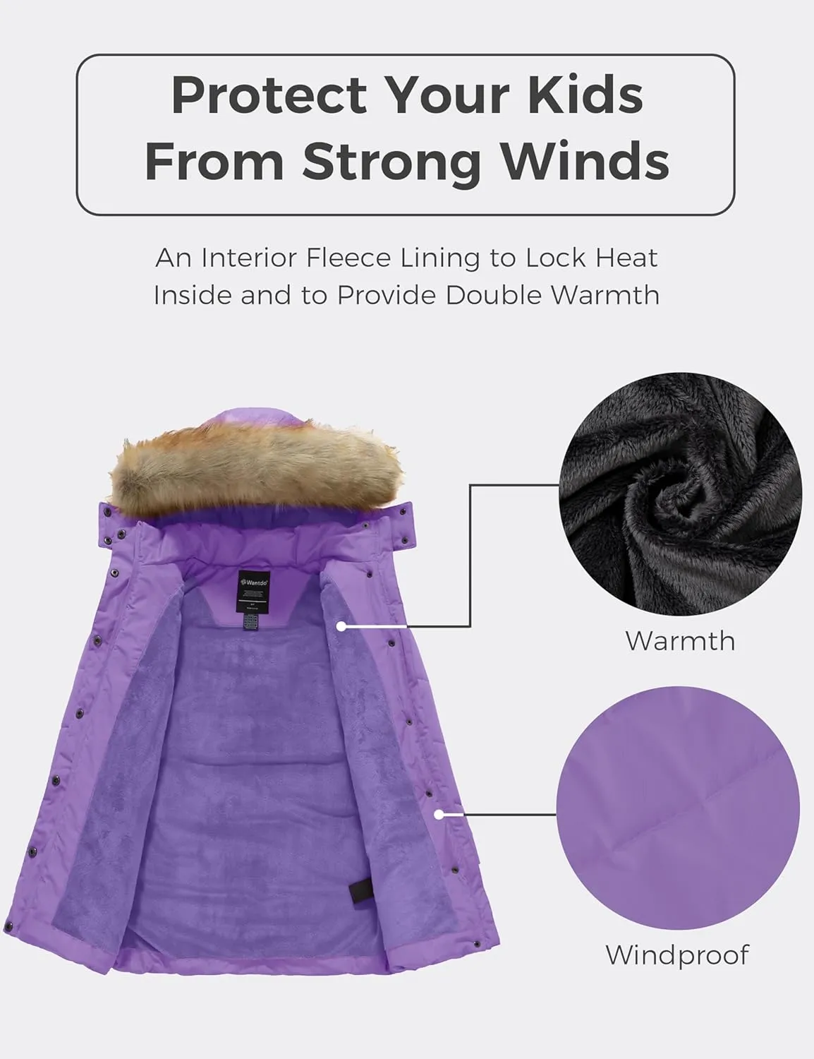 wantdo Girl's Winter Coat Long Puffer Jacket Fleece Parka with Hood Waterproof