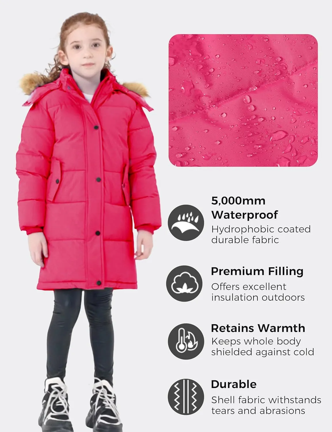 wantdo Girl's Winter Coat Long Puffer Jacket Fleece Parka with Hood Waterproof
