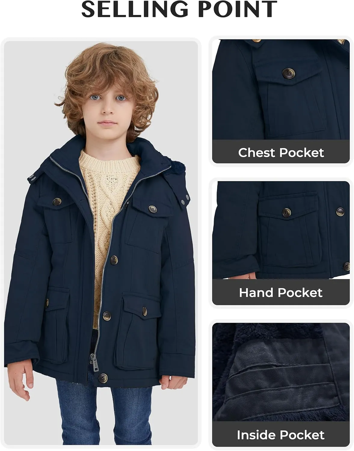 WenVen Boy's & Girl's Winter Warm Sherpa Lined Parka Coat with Removable Hood