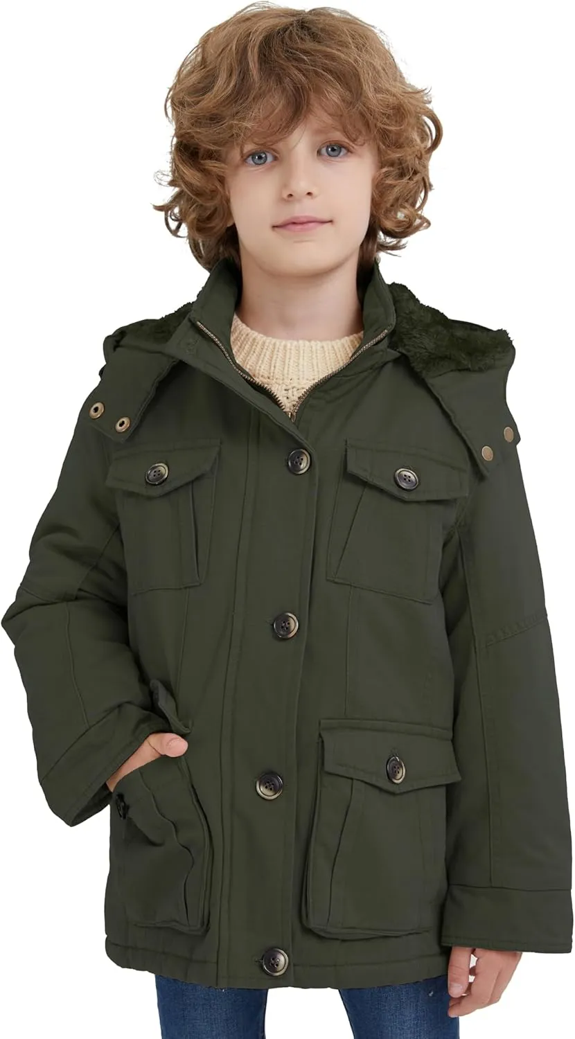 WenVen Boy's & Girl's Winter Warm Sherpa Lined Parka Coat with Removable Hood