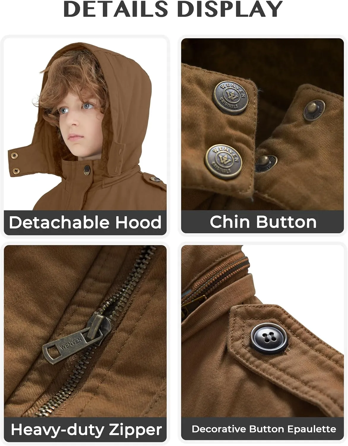 WenVen Boy's & Girl's Winter Warm Sherpa Lined Parka Coat with Removable Hood