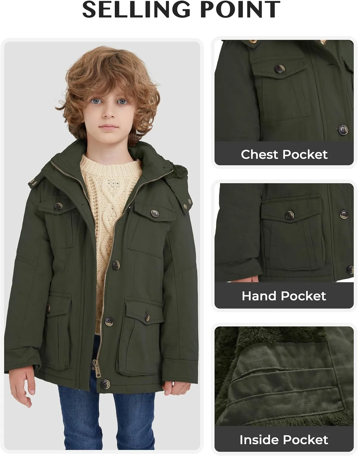 WenVen Boy's & Girl's Winter Warm Sherpa Lined Parka Coat with Removable Hood
