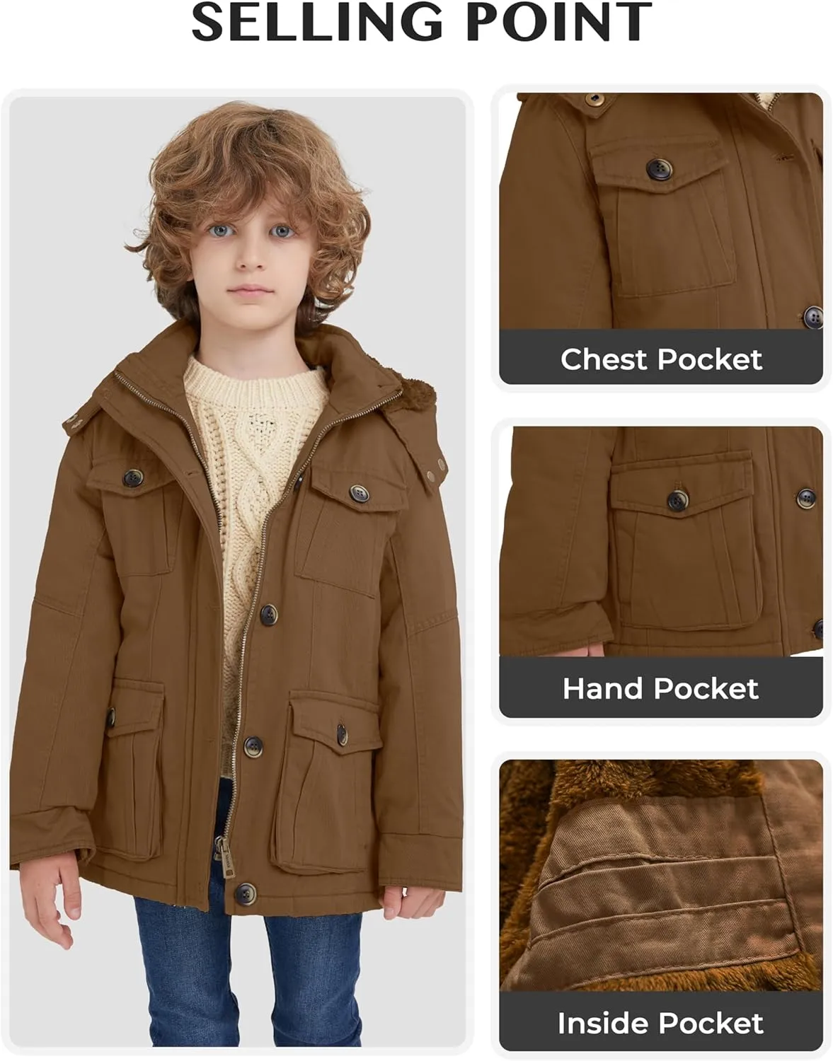 WenVen Boy's & Girl's Winter Warm Sherpa Lined Parka Coat with Removable Hood